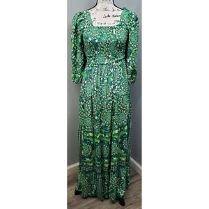 Me‎ 2 Magic Maxi Dress Womens S Multi Boho Tropical Floral Tiered Smocked Chest